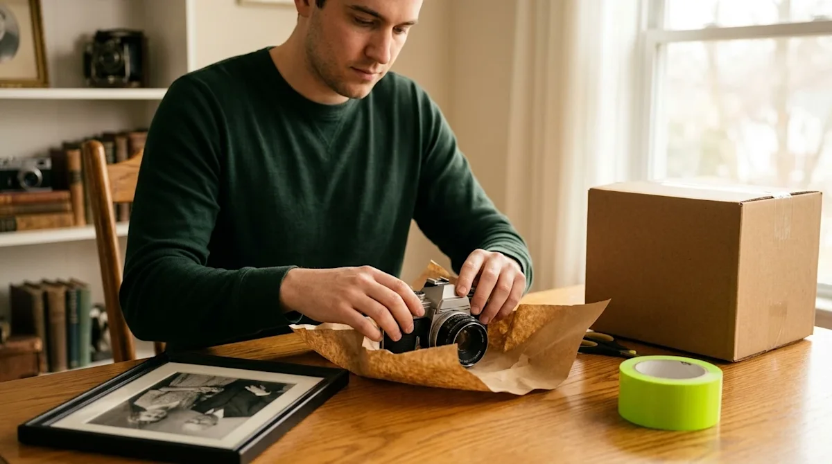 Professional marketing lifestyle photography of a person carefully packing delicate vintage memorabilia, including a classic