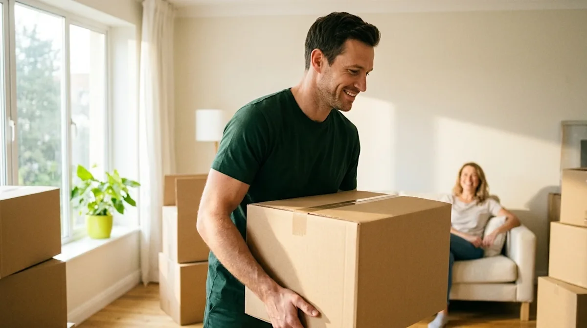Candid lifestyle photography of a friendly, professional mover carefully lifting a sturdy kraft brown moving box in a bright,