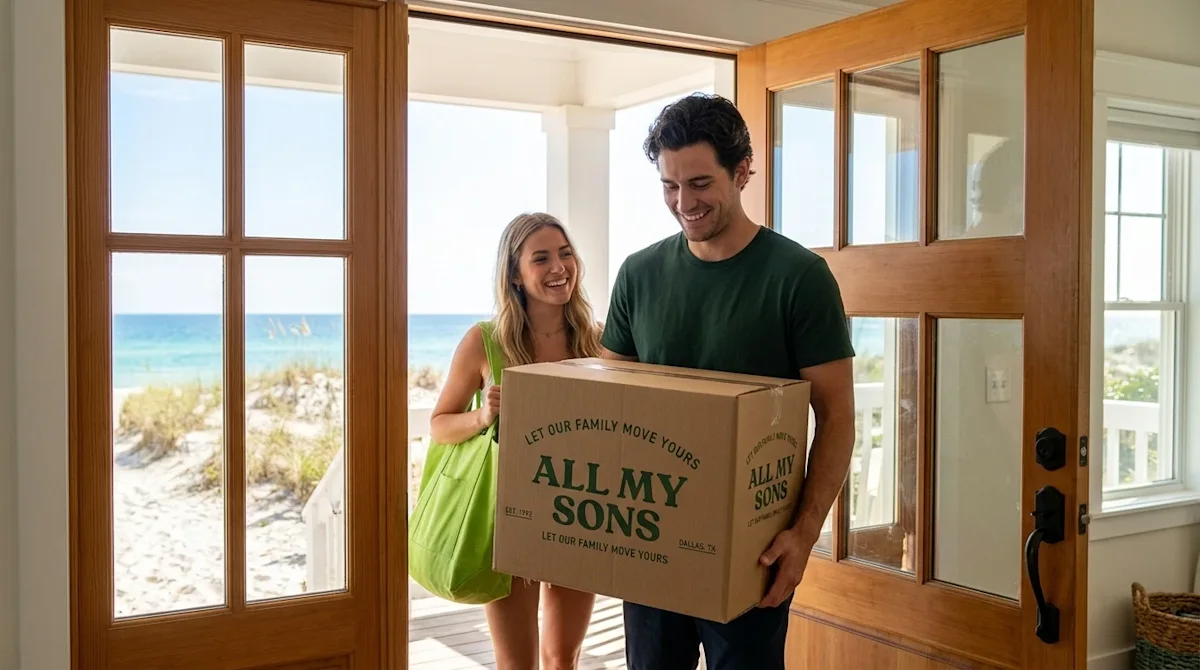 Professional marketing lifestyle photography of a happy young couple carrying a neatly packed brown cardboard moving box acro