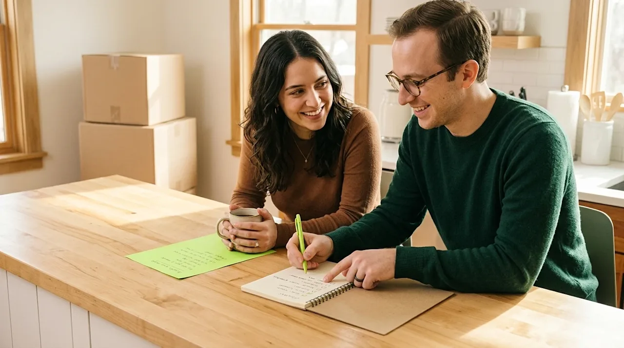 Clear, professional marketing photography of a smiling young couple sitting at a bright, natural wood kitchen island, thought