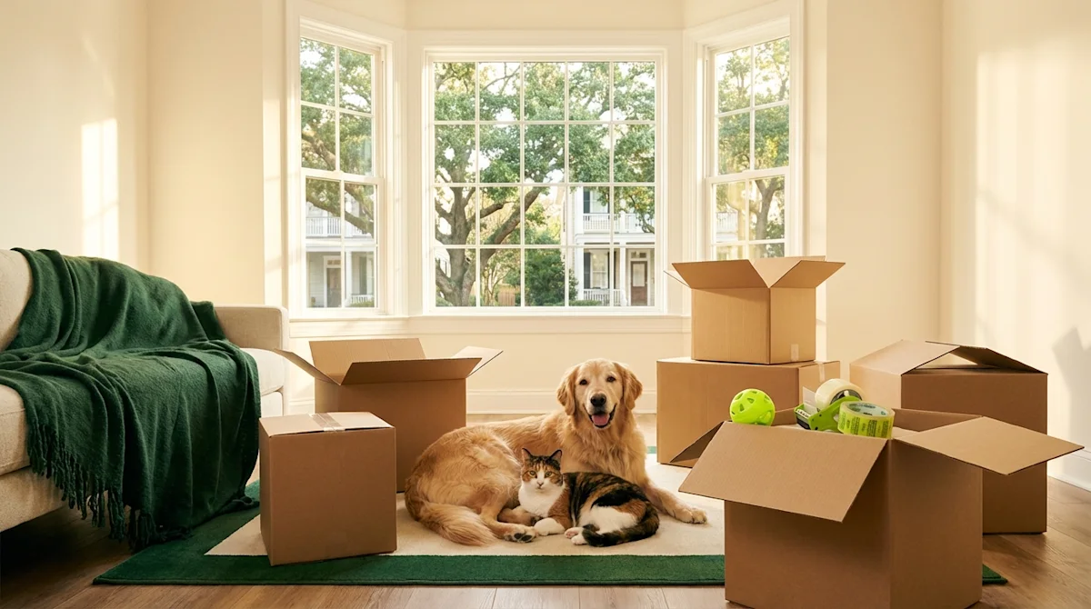 Dog and cat sitting among moving boxes in a sunlit Charlotte home, featuring All My Sons brand colors.