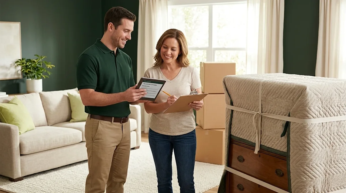 Clear, professional marketing photography of a friendly professional moving coordinator wearing a dark forest green polo shir