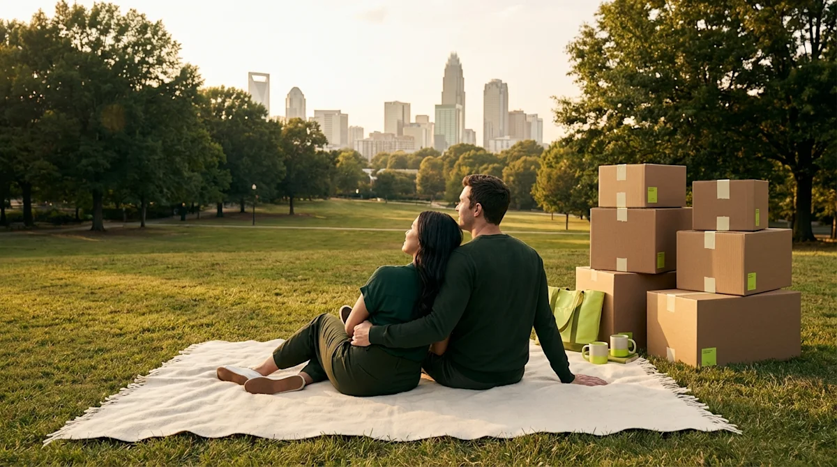 A couple relaxes on a blanket in a Charlotte park next to moving boxes, with the city skyline in the background.