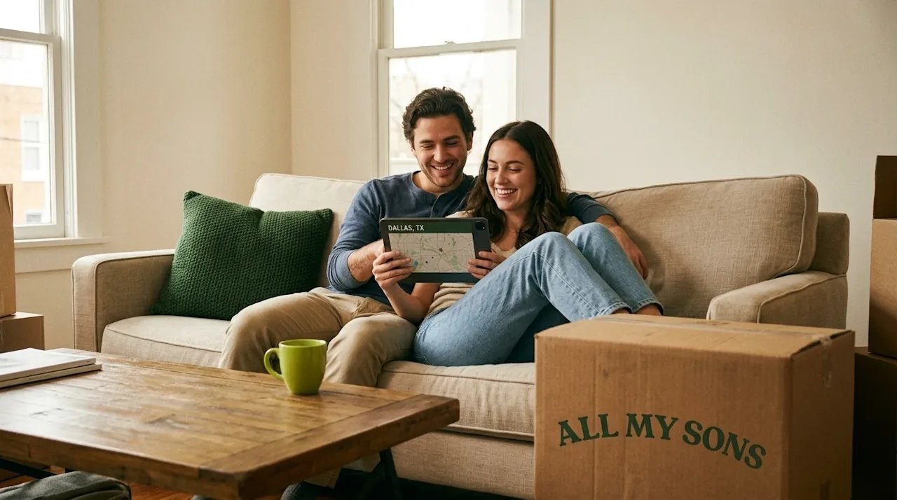 A warm, candid lifestyle photograph of a happy couple relaxing on a comfortable beige sofa inside a cozy, well-lit short-term