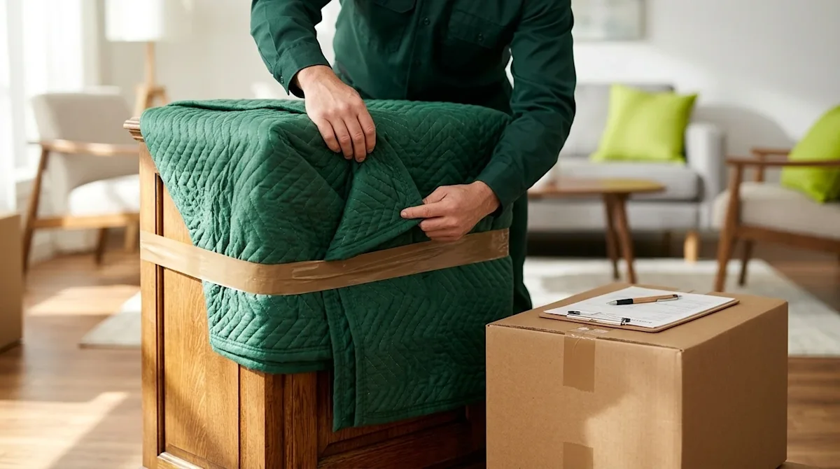 Clear and professional marketing photography focusing on the concept of moving insurance and item protection. A close-up, eye