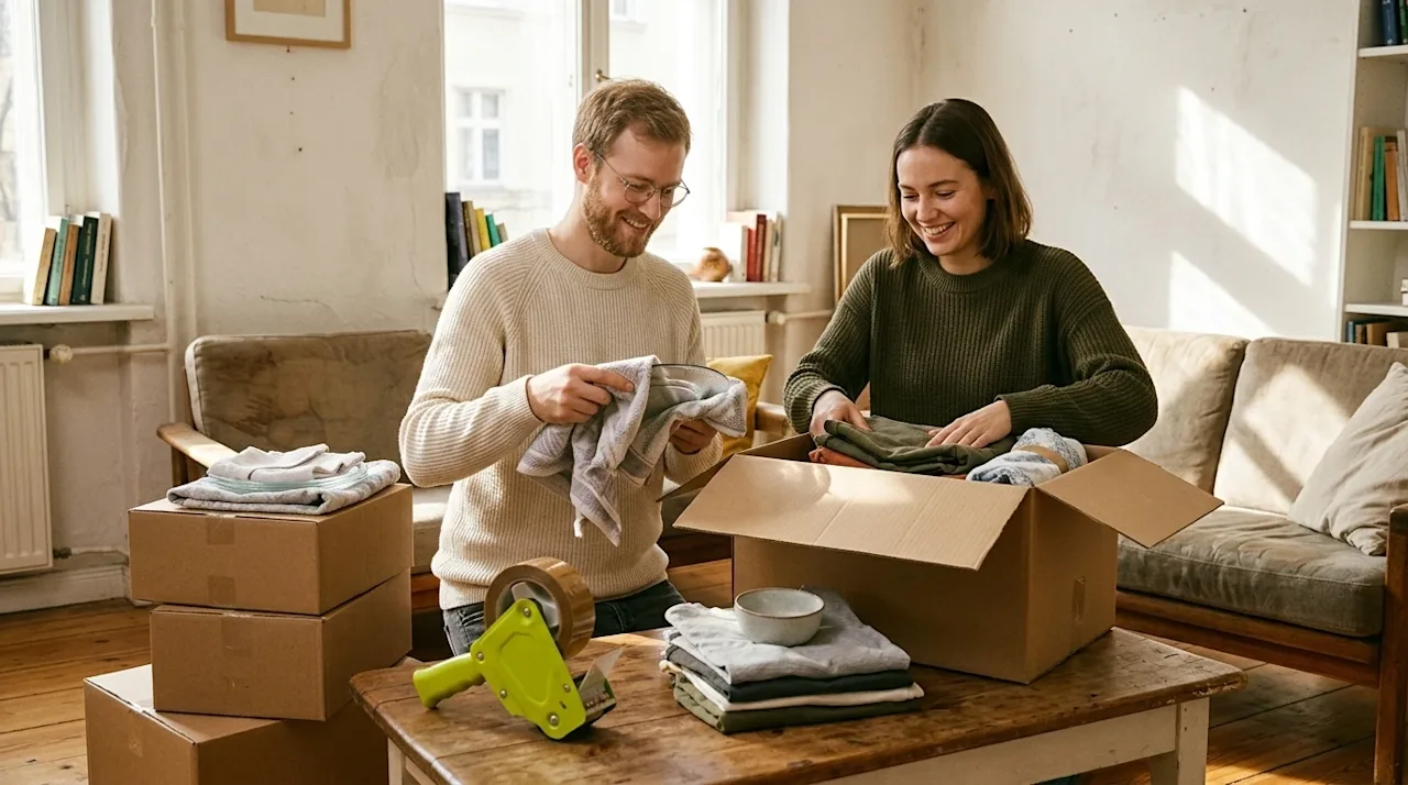A young couple smiles while packing fragile dishware using towels in moving boxes inside a cozy, sunlit living room.