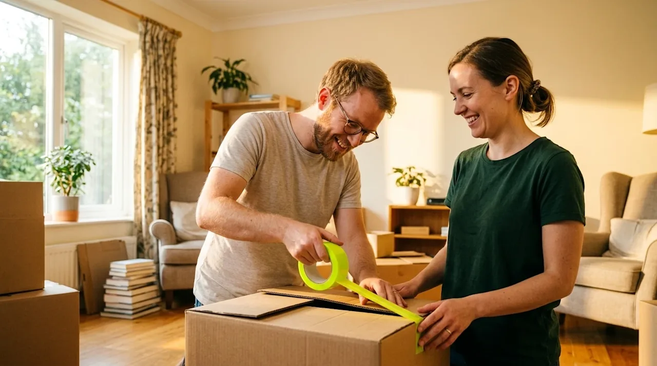 Candid lifestyle photography of a happy couple packing a brown cardboard moving box in a warm, sunlit living room. One person