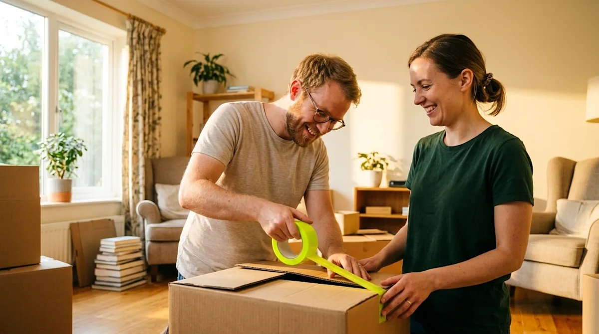 Candid lifestyle photography of a happy couple packing a brown cardboard moving box in a warm, sunlit living room. One person