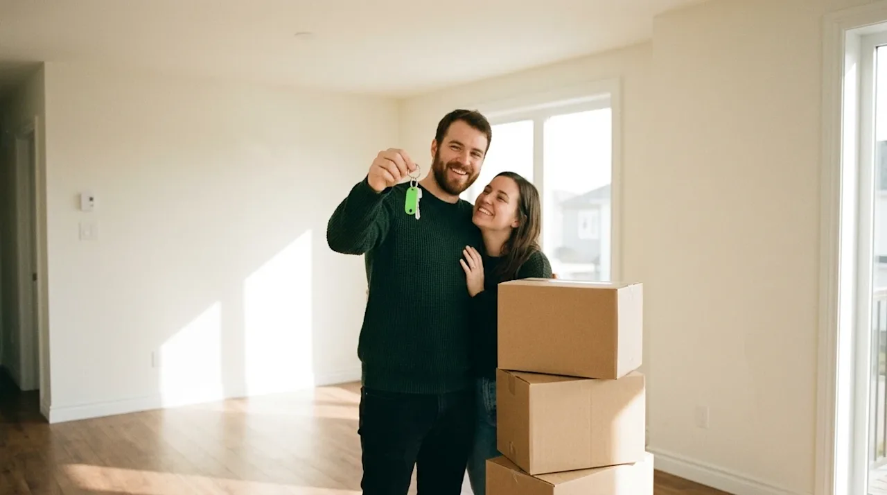 Candid lifestyle photography of a happy couple standing inside the bright, empty living room of their newly purchased home. O