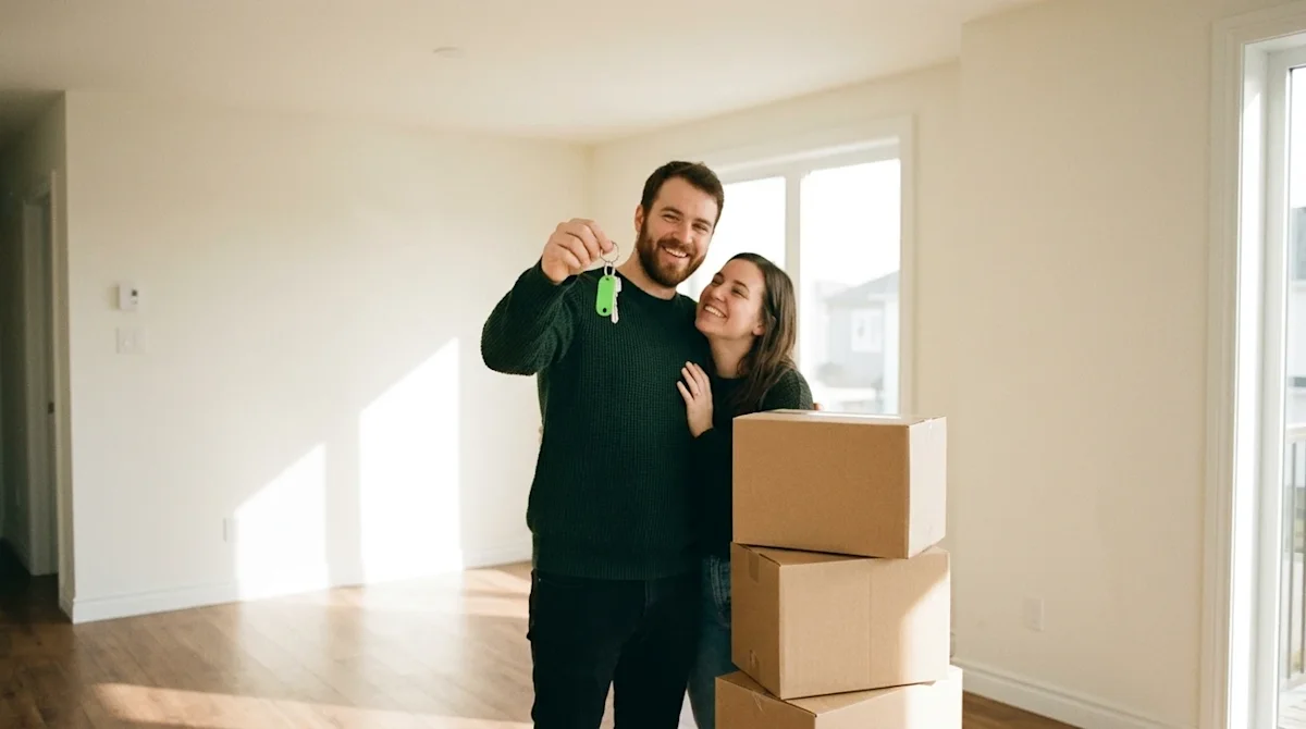 Candid lifestyle photography of a happy couple standing inside the bright, empty living room of their newly purchased home. O