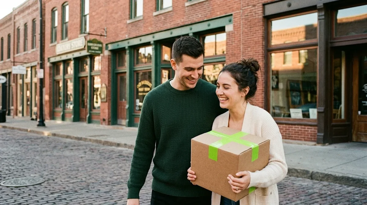 A warm, authentic lifestyle photograph of a happy couple exploring the historic brick streets and storefronts of Omaha's Old