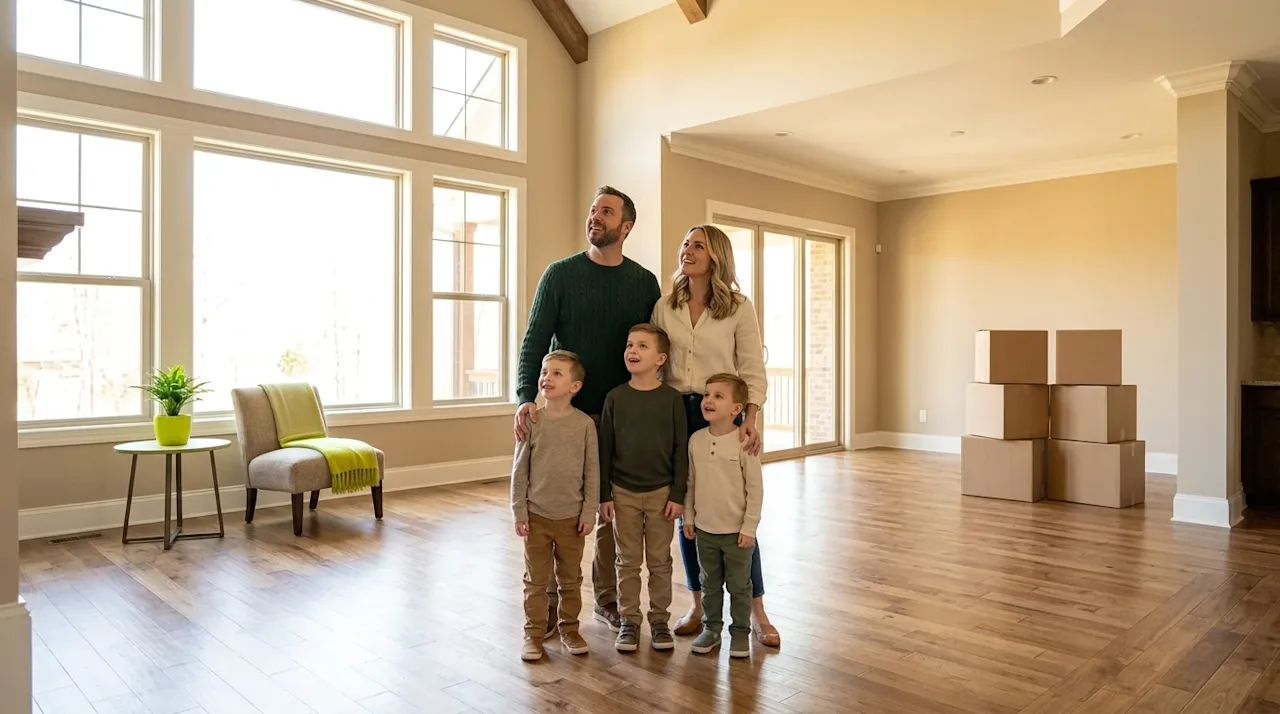 Clear and professional marketing photography of a happy family standing in the center of a spacious, sunlit living room in th