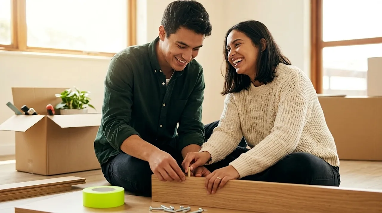 Professional marketing photography, a candid and authentic lifestyle shot of a cheerful couple working on a DIY home project