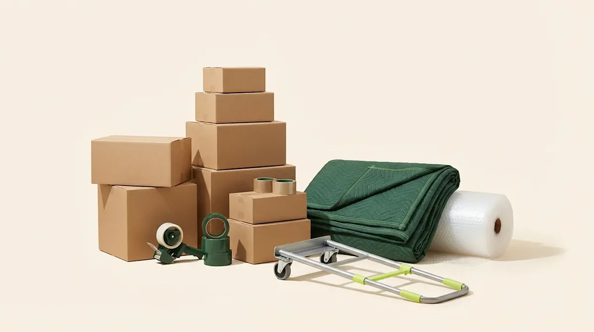 Professional moving supplies with stacked cardboard boxes, packing tape, bubble wrap, a blanket, and a hand truck dolly.