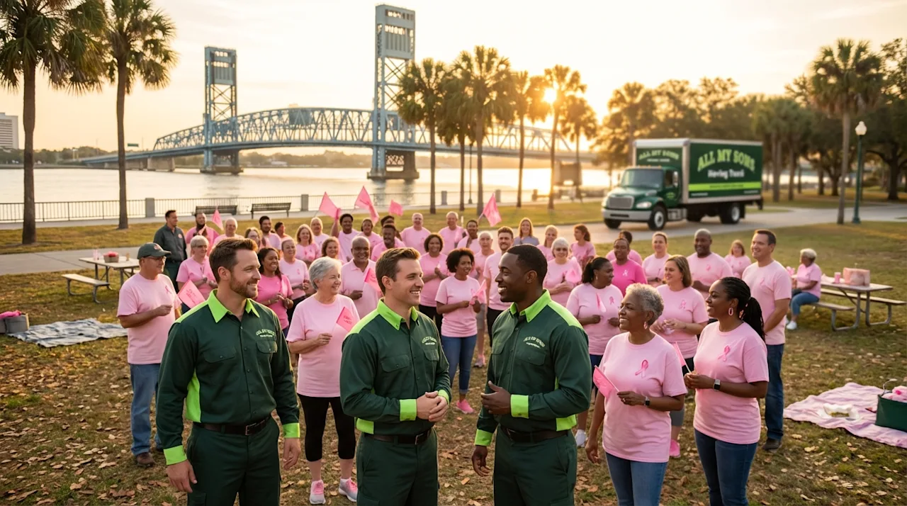 All My Sons movers and community members in pink at a breast cancer awareness event in Jacksonville, Florida.