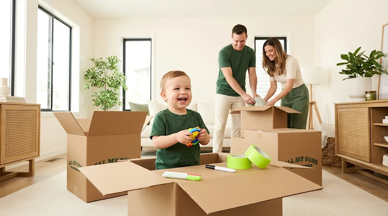Happy toddler laughs while parents pack moving boxes in a bright home for a stress-free family move.