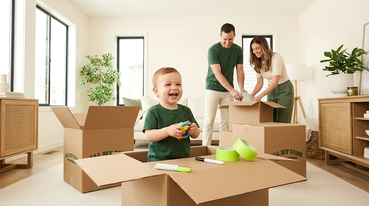 Happy toddler laughs while parents pack moving boxes in a bright home for a stress-free family move.