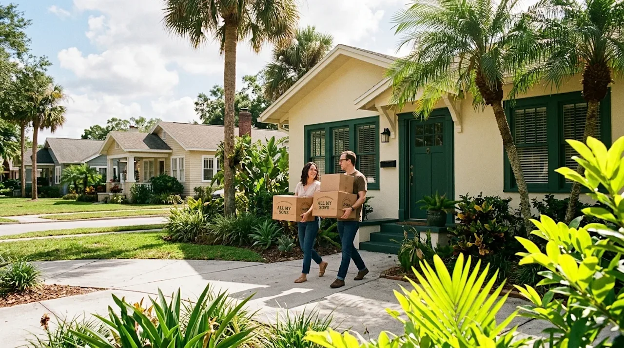 A candid lifestyle photograph shot on 35mm film of a picturesque, sun-drenched residential neighborhood street in Orlando, Fl
