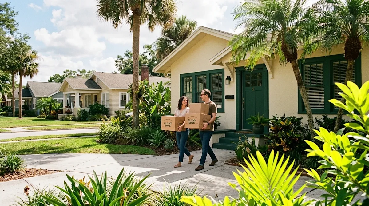 A candid lifestyle photograph shot on 35mm film of a picturesque, sun-drenched residential neighborhood street in Orlando, Fl