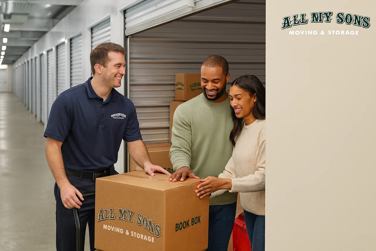 An All My Sons professional helps a happy couple move a branded 'Book Box' into a clean storage unit, offering friendly, reliable storage solutions.