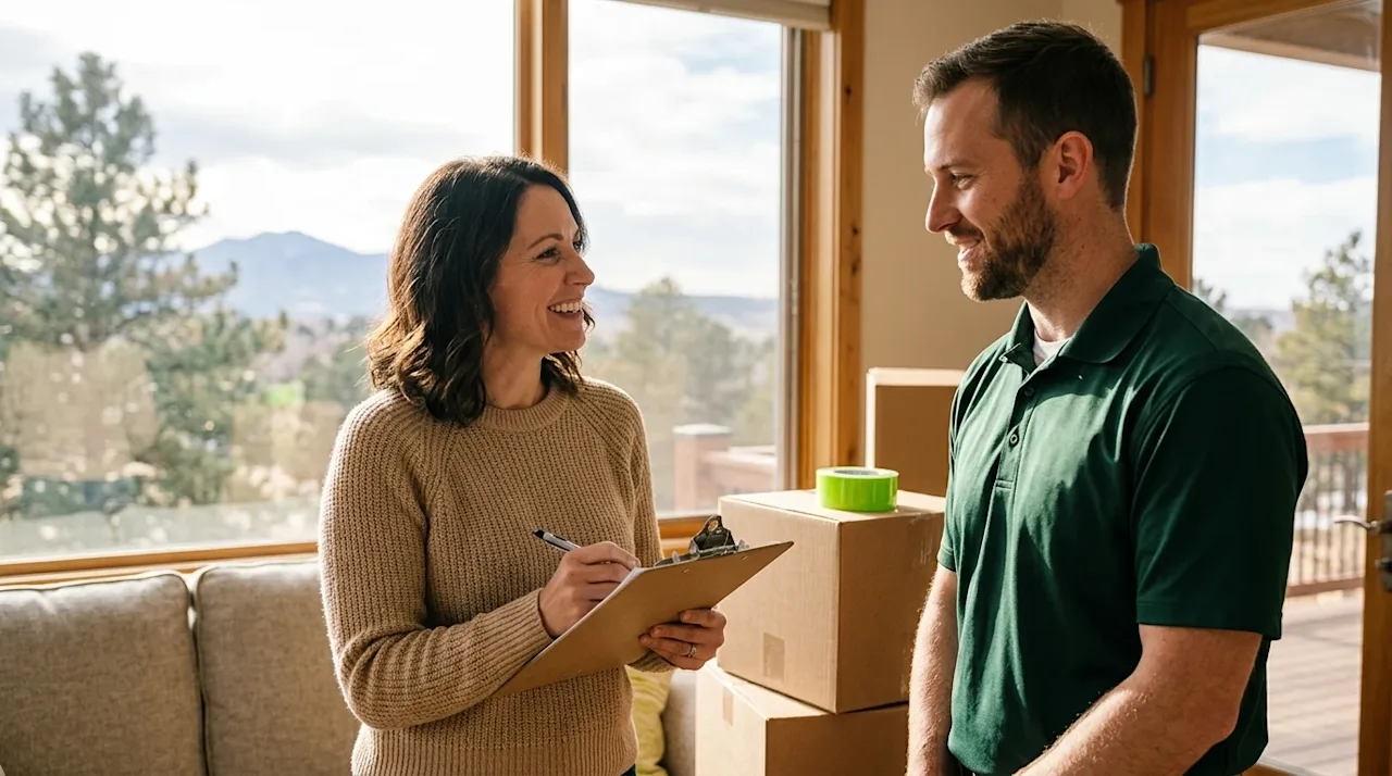 A warm, high-quality lifestyle photograph of a friendly conversation between a homeowner and a professional mover inside a su