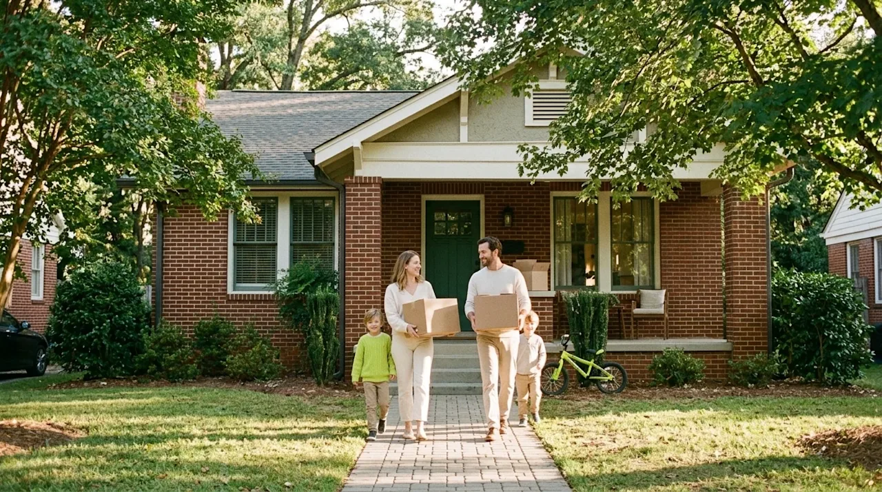 A high-quality, candid lifestyle photograph of a happy family moving into a welcoming, family-friendly neighborhood in Atlant