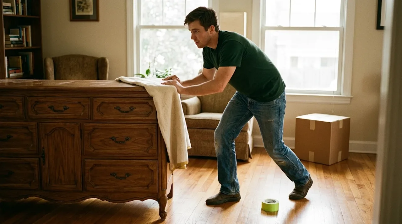 A professional mover in a green shirt and jeans pushes a wooden dresser across a room while moving house.