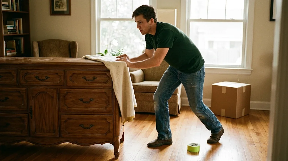 A professional mover in a green shirt and jeans pushes a wooden dresser across a room while moving house.