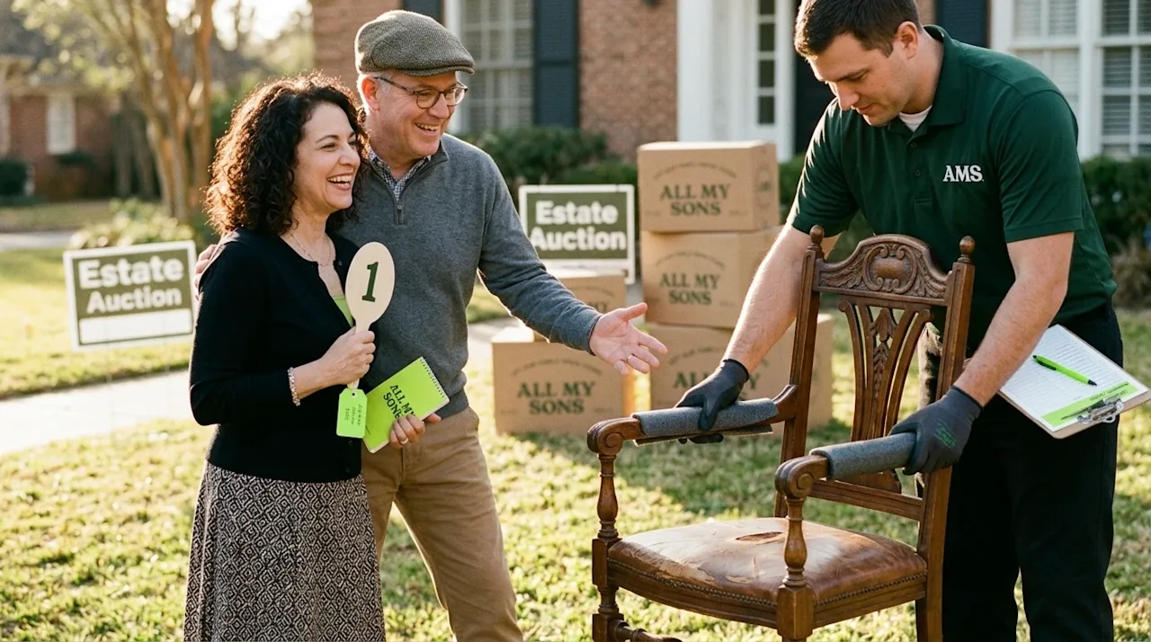 A candid, editorial-style 35mm film photograph of a happy couple standing on the sunny front lawn of an estate during a home