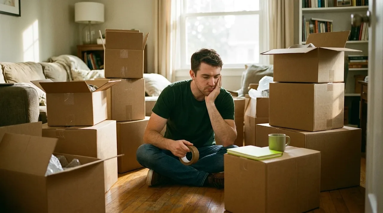 A candid, authentic lifestyle photograph of an overwhelmed homeowner sitting on the floor of a living room, dealing with movi