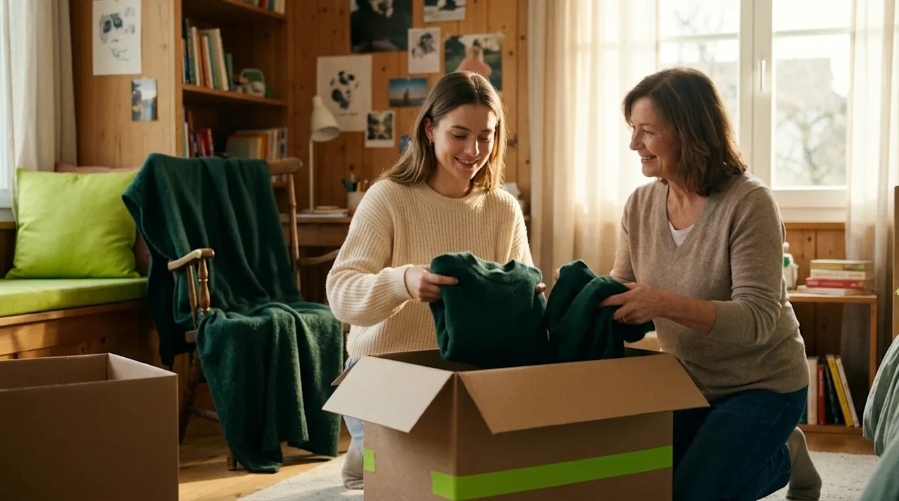 Clear, professional marketing photography of a young adult in their 20s packing up their cozy childhood bedroom to move out,