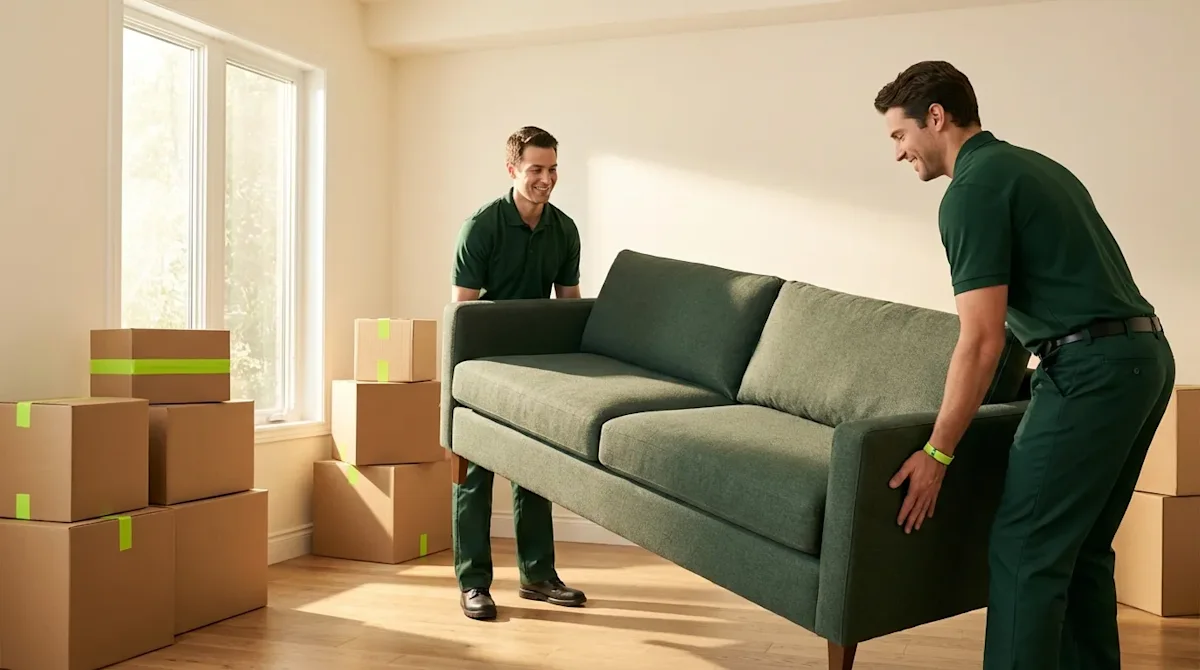 Two professional movers in green uniforms efficiently lifting a sofa in a sunlit, modern home setting.