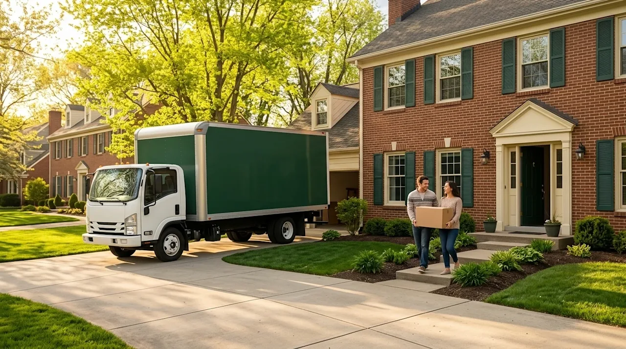 A photorealistic lifestyle photograph of a picturesque, welcoming suburban neighborhood typical of Columbus, Ohio, on a sunny