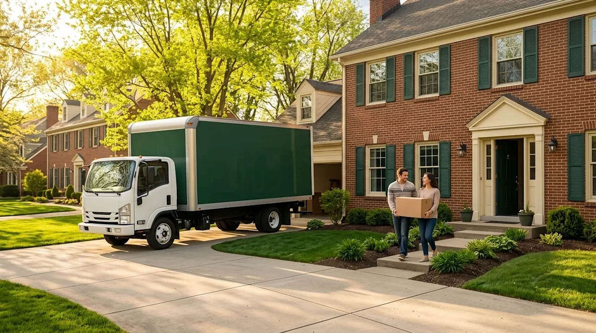 A photorealistic lifestyle photograph of a picturesque, welcoming suburban neighborhood typical of Columbus, Ohio, on a sunny