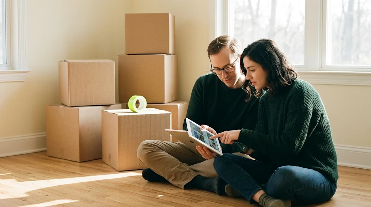 A candid, warm lifestyle photograph of a thoughtful young couple sitting on the natural wood floor of a partially packed livi