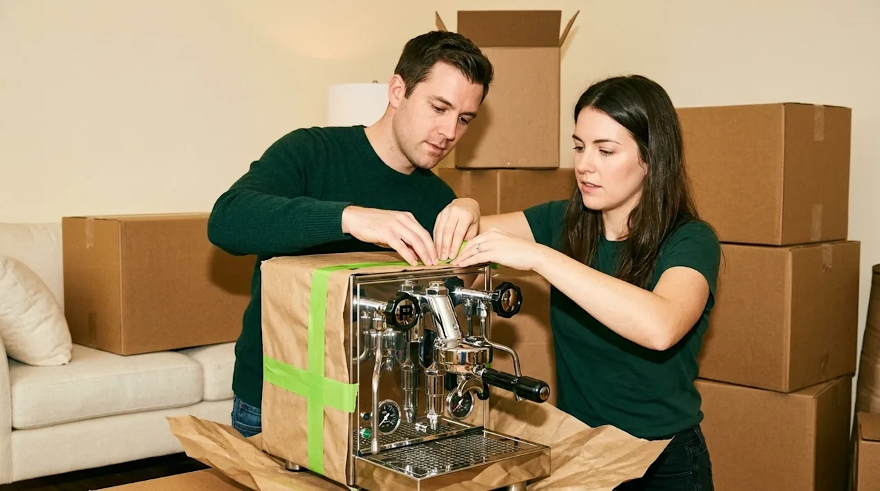 Candid lifestyle 35mm film photography of a couple in a half-packed living room carefully wrapping a visibly brand-new, high-