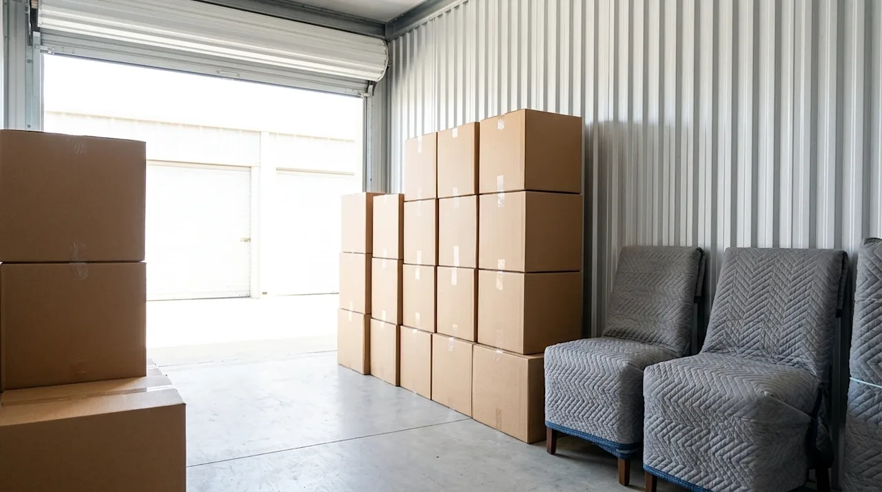 Professional commercial photography of the clean interior of a brightly lit self-storage unit being perfectly packed and orga
