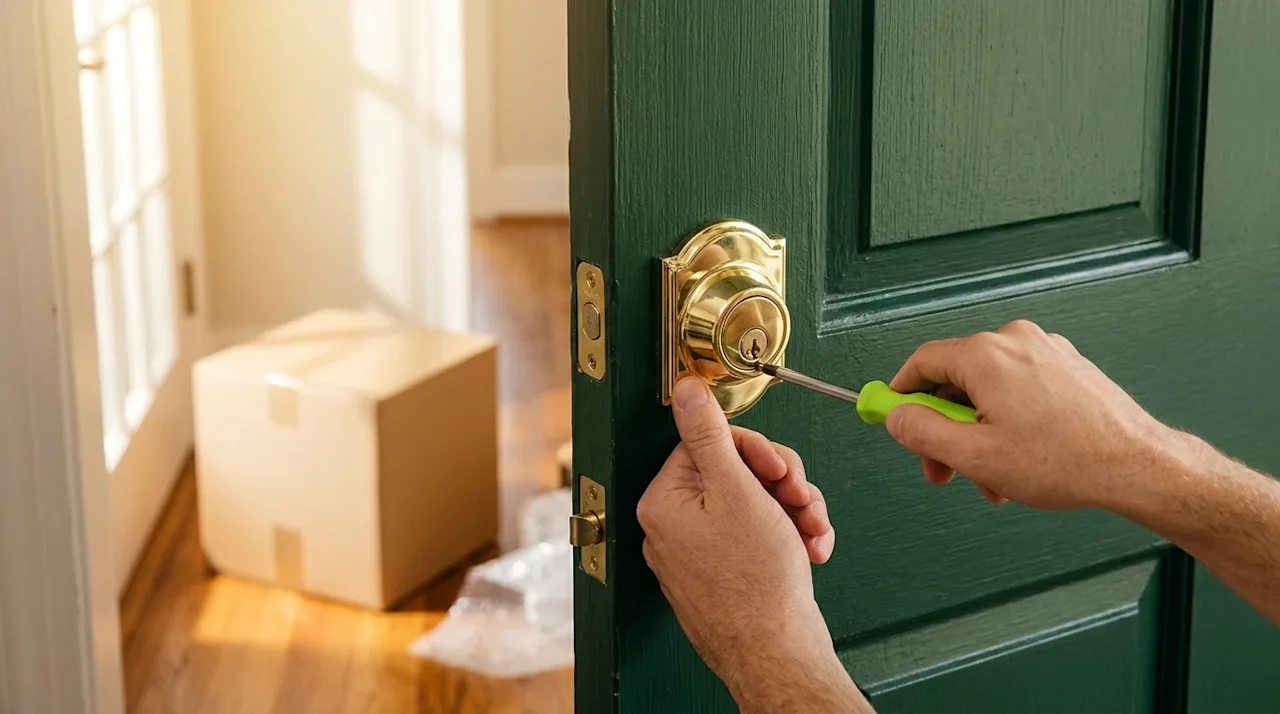 Professional marketing photography of a homeowner's hands installing a shiny new deadbolt lock on a residential front door. T