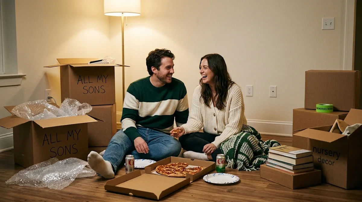 A candid, editorial-style lifestyle photograph of a happy couple relaxing on the floor of their new living room on their firs
