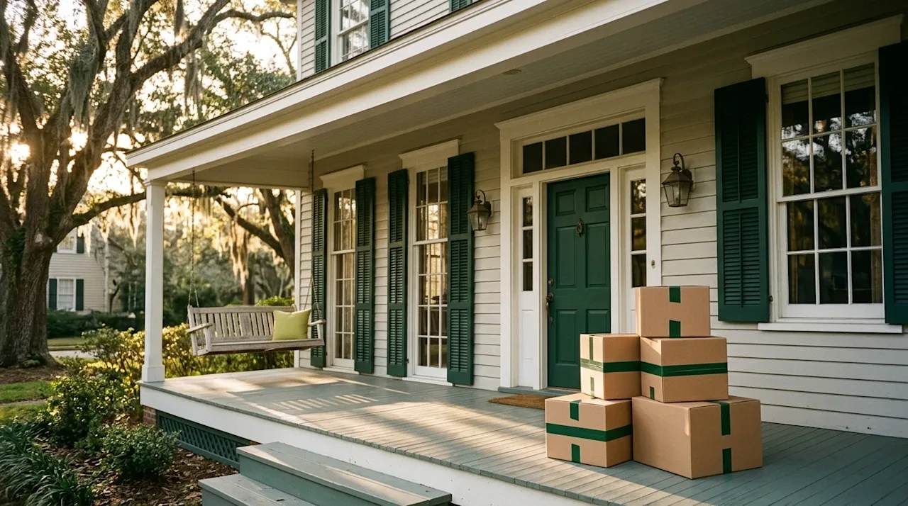 Photorealistic lifestyle photography of a charming, classic Southern-style home exterior in Baton Rouge with a wide, welcomin