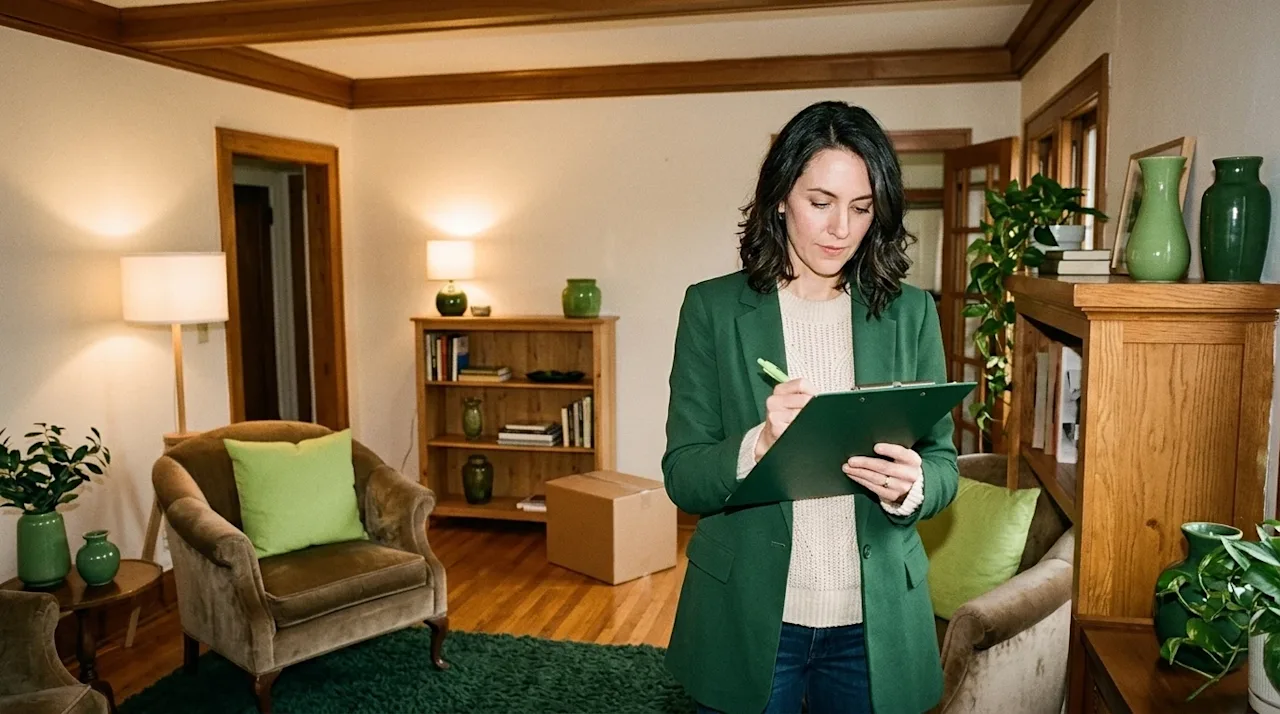 Candid lifestyle photography of a professional home appraiser evaluating a warm, inviting residential living room, taking not