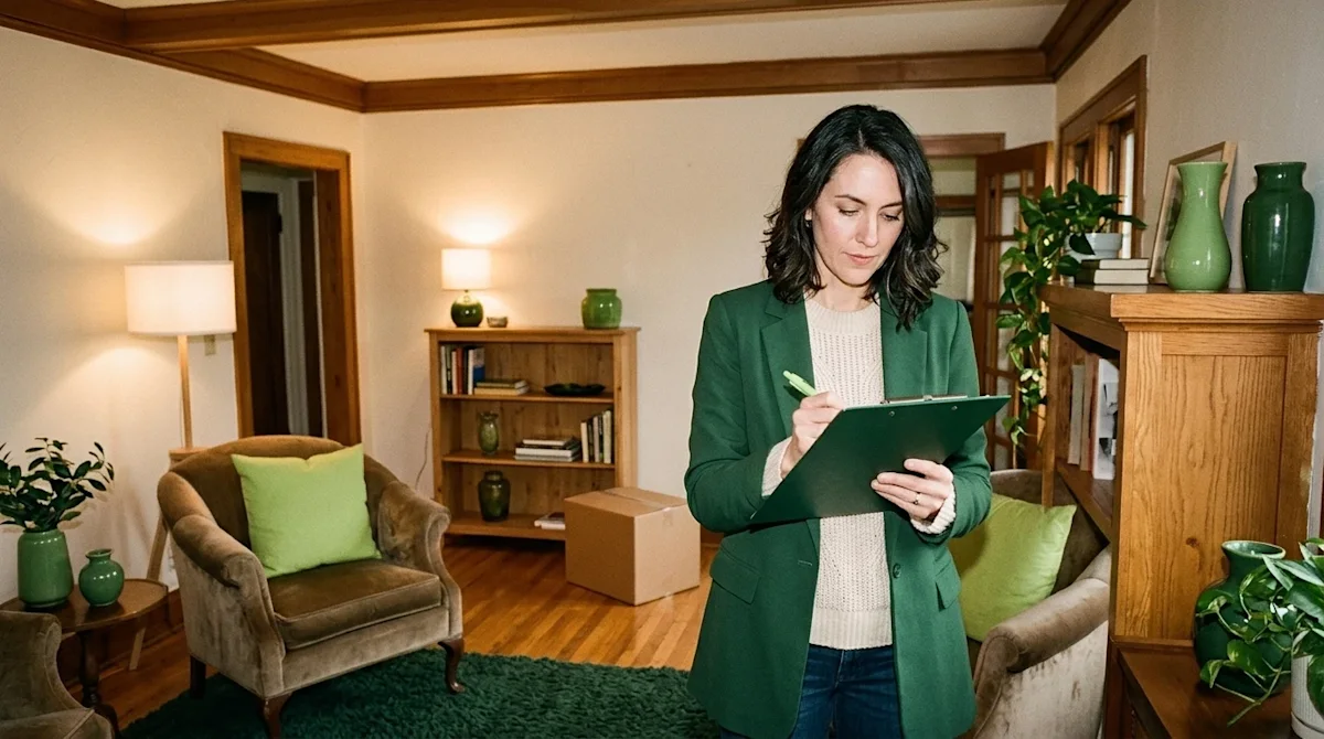 Candid lifestyle photography of a professional home appraiser evaluating a warm, inviting residential living room, taking not