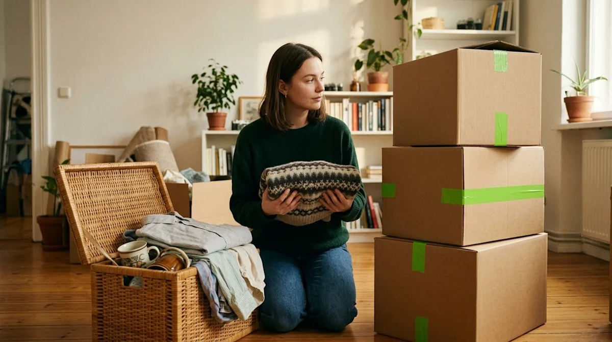 A candid, realistic 35mm film lifestyle photograph of a person sorting through their belongings in a warmly lit, lived-in hom