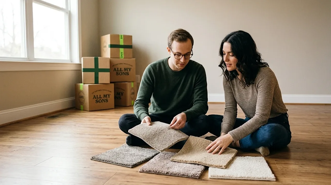 Professional lifestyle photography. A warm, inviting, sunlit empty living room of a newly purchased home. In the center, a th
