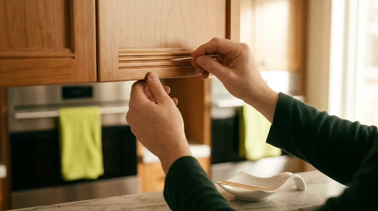 Professional marketing lifestyle photography, close-up shot. A person's hands delicately using a clean wooden toothpick to de