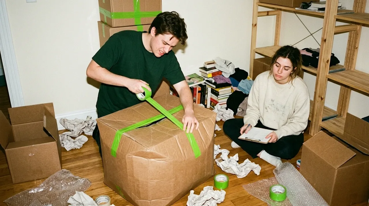 A candid, realistic lifestyle photograph of a young couple attempting a DIY move in their living room, capturing a relatable