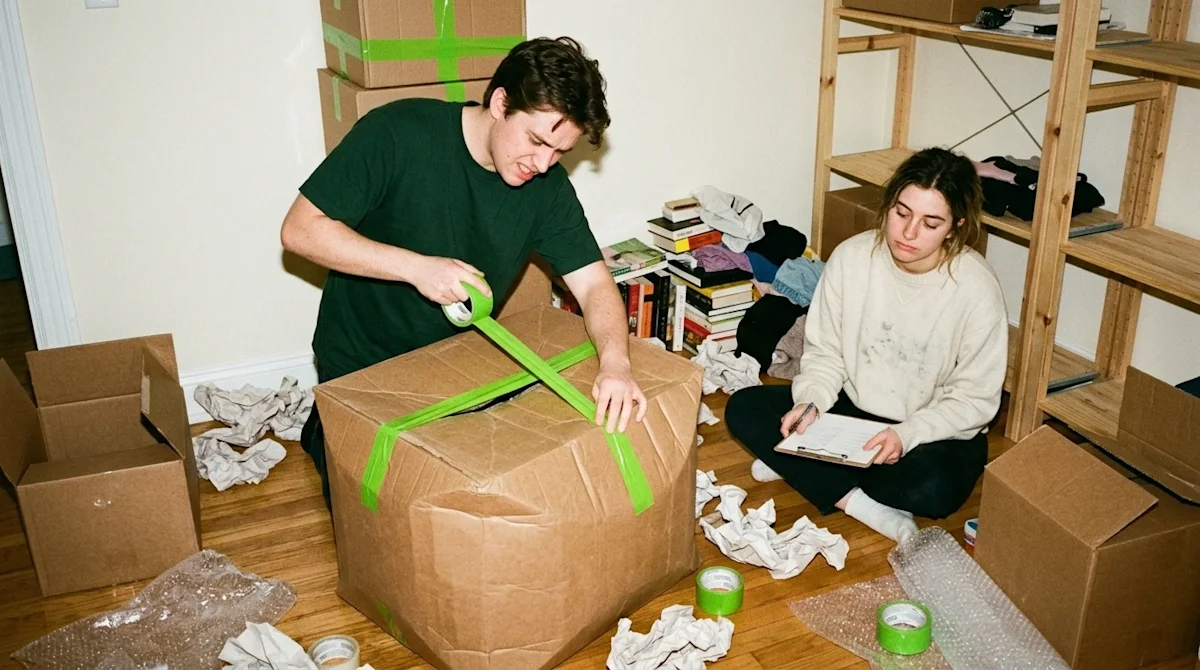 A candid, realistic lifestyle photograph of a young couple attempting a DIY move in their living room, capturing a relatable