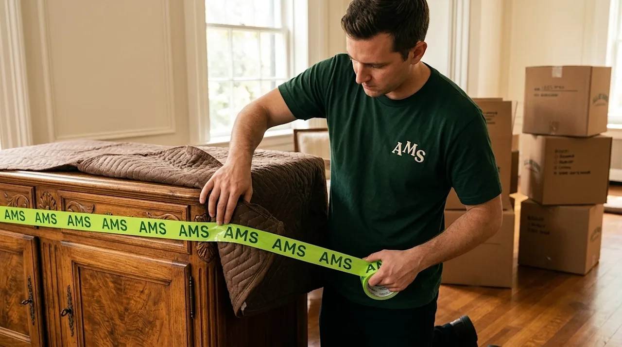 A high-quality, candid photograph of a professional mover wearing a dark forest green t-shirt carefully wrapping a valuable a