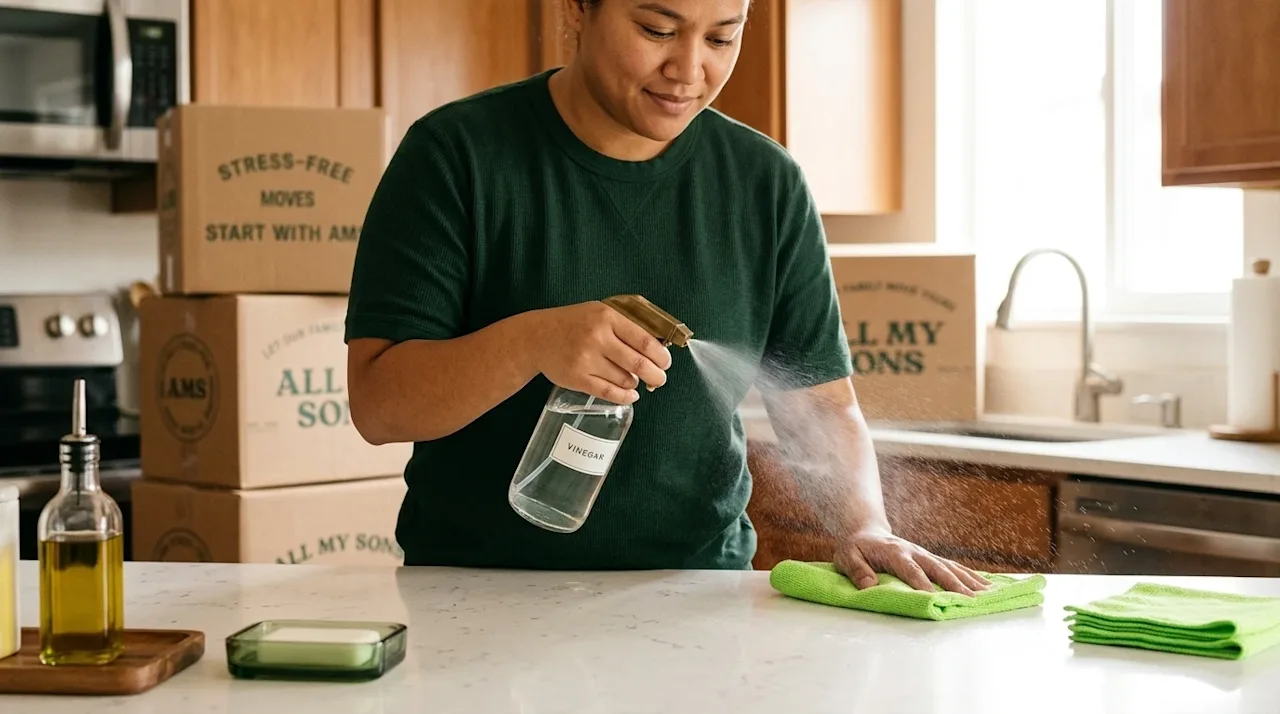 Candid, warm lifestyle photography of a person cleaning a bright kitchen counter. The subject is wearing a dark forest green