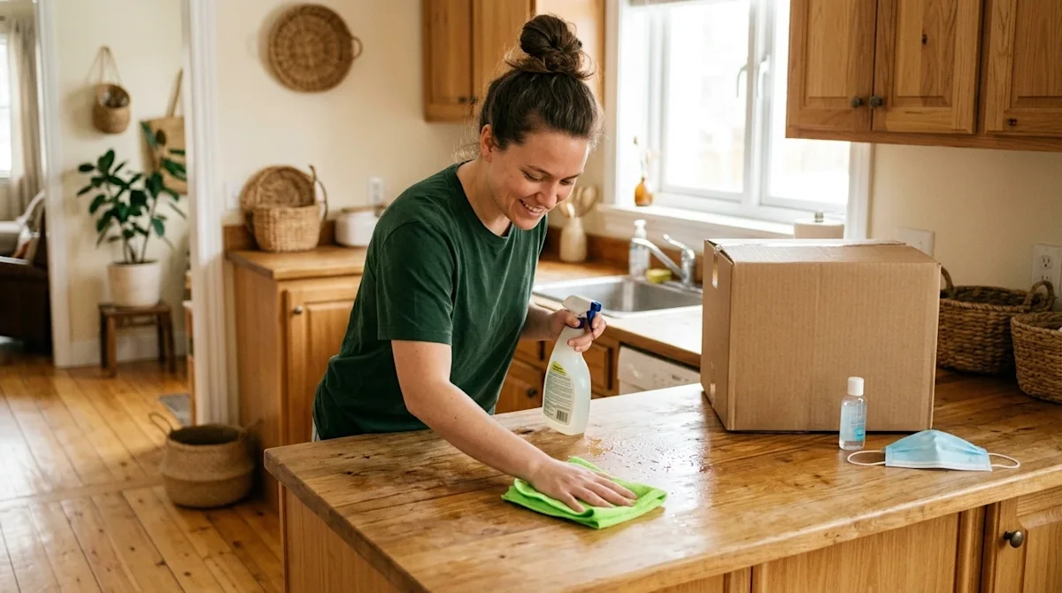 A candid, high-quality lifestyle photograph of a person doing deep spring cleaning in a warm, inviting home kitchen. The pers